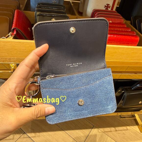 Tory Burch Emerson Denim Suede Flap Card Case 181944 Dark Denim $200
